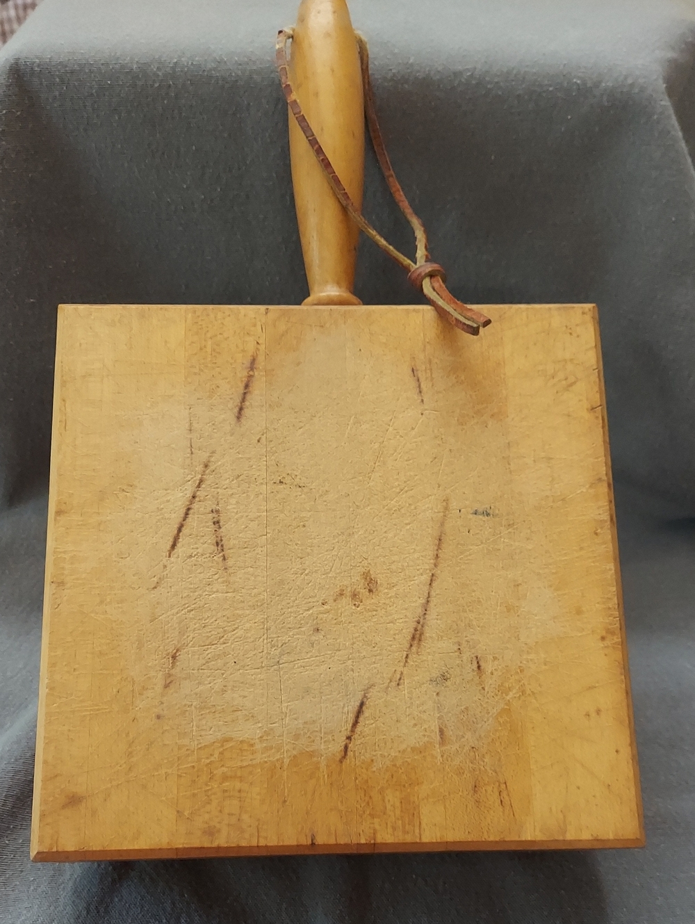 Vintage wooden footed cutting board  Turned Handle Leather Strap 7x7